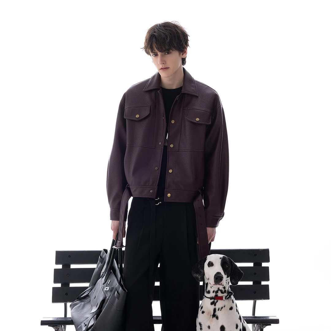 CHICERRO西西里男装高级感翻领腰带皮料外套男士休闲秋冬潮流时尚