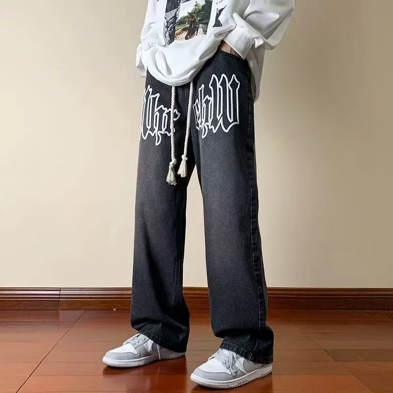 880 美式牛仔裤春秋季宽松字母印花直筒裤百搭垂感无抽绳阔腿裤