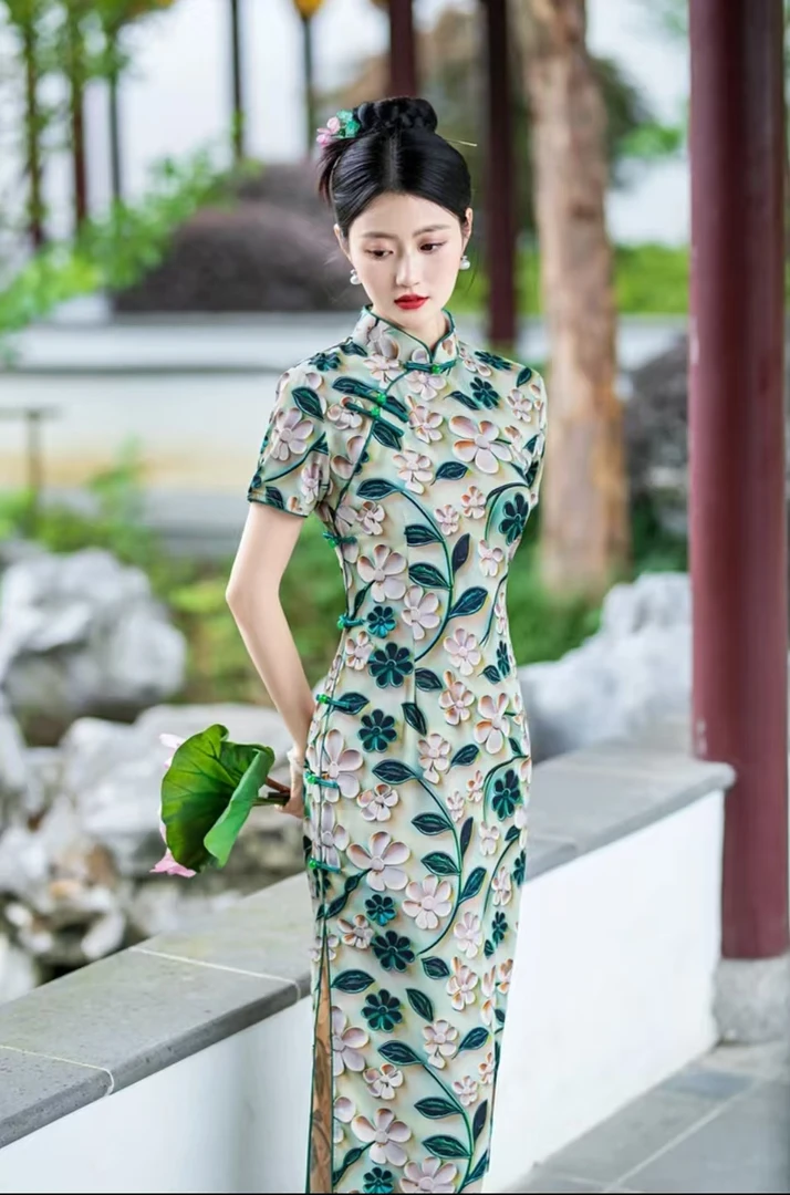 苏州高端【立体花】印花高腰裙短袖中长裙日常旗袍优雅气质中国风