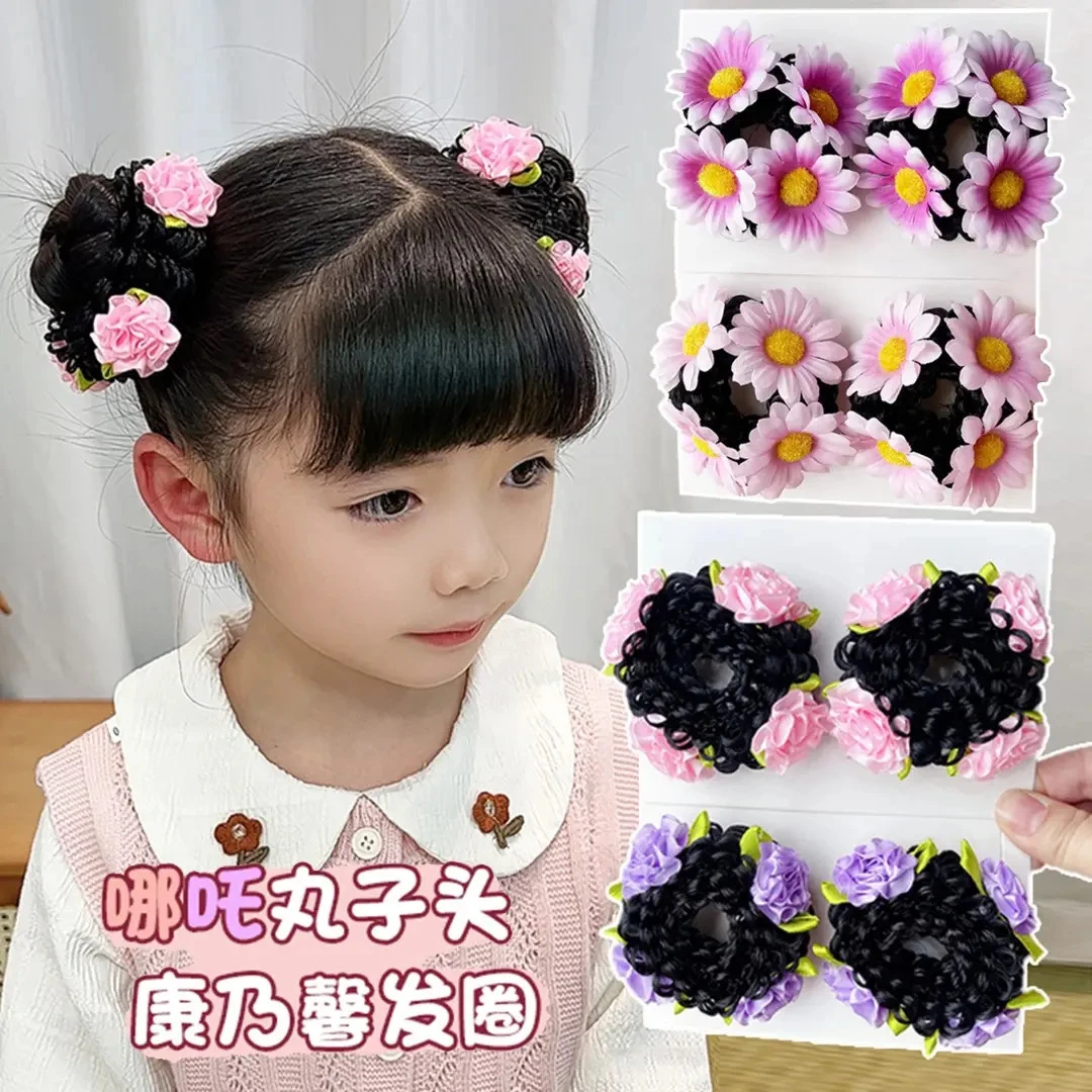 女童春夏哪吒花苞丸子头康乃馨花朵发圈甜美花花盘头发假发圈发饰