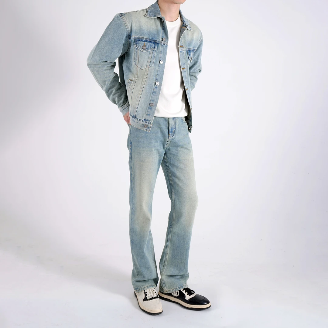 25984#秋冬美式复古磨白水洗浅蓝色净版百搭直筒微喇版型牛仔裤男