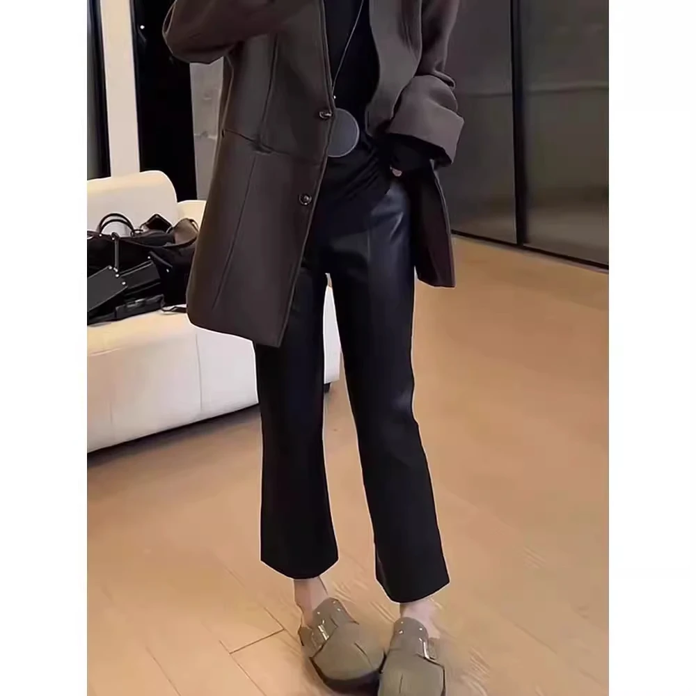 黑色微喇皮裤女加绒秋冬新款小个子高腰百搭宽松阔腿九分休闲裤子