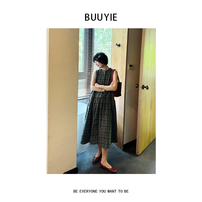 BUUYIE 25SS【青菱】高级感复古拼接无袖格子连衣裙 250468