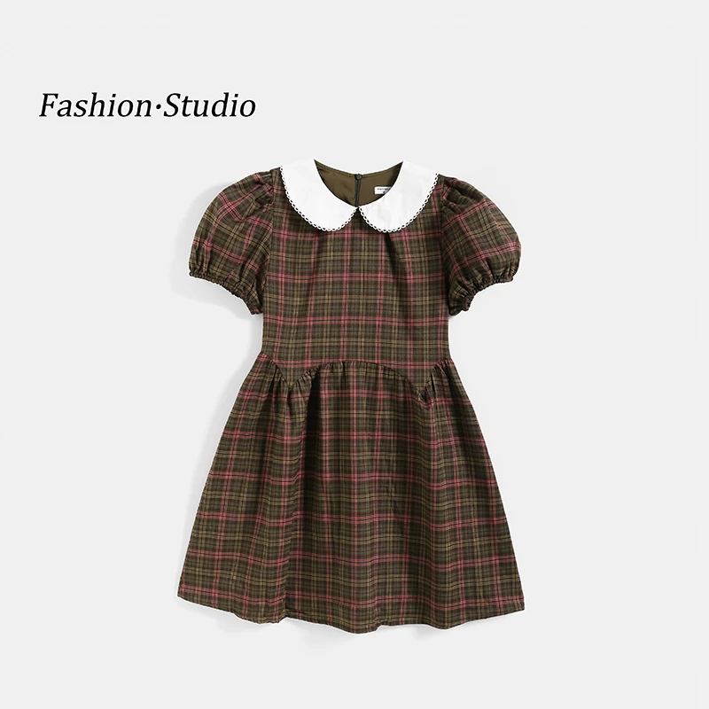女童连衣裙夏季2025新洋气翻领儿童格子休闲学院风公主裙QZ0004