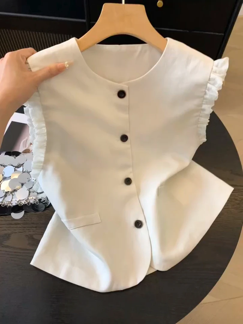 韩系温柔风时尚无袖背心百搭短袖职场2025夏季新款新中式纽扣小衫