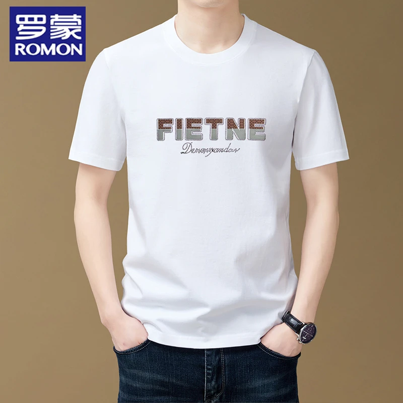 罗蒙男士新款时尚字母印花短袖上衣纯棉吸汗透气宽松T恤休闲上衣