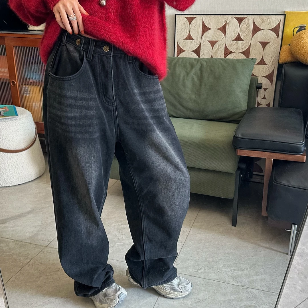 qiqi/琦琦推荐 韩版调节腰宽松百搭复古黑灰水洗加绒牛仔直筒裤裤