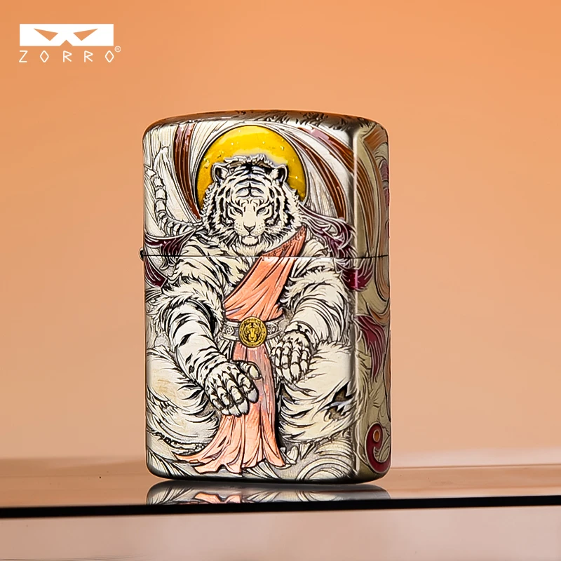 正品佐罗ZORRO二代白铜虎王煤油打火机精雕镶嵌七夕男生礼物创意
