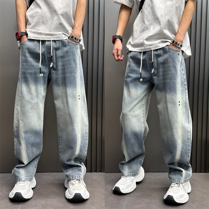 2025春季新款渐变色牛仔裤潮流水洗做旧阔腿裤男士铆钉装饰弯刀裤
