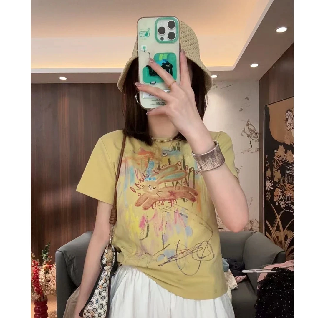 欧洲站2025夏季新款设计感圆领涂鸦趣味兔兔修身显瘦短袖T恤上衣