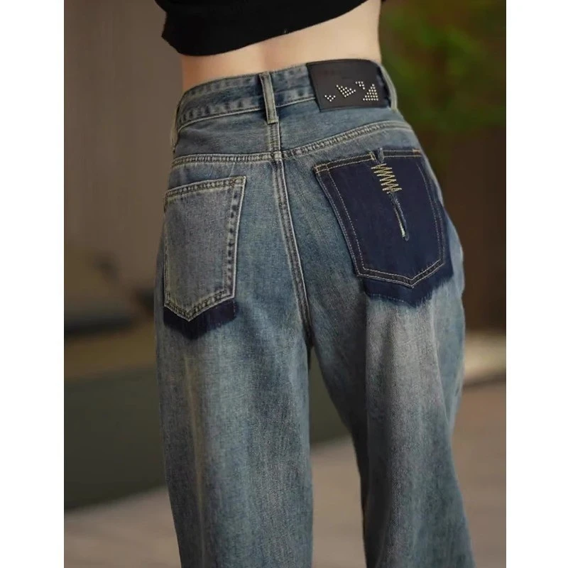 无弹美式复古阔腿牛仔裤女潮流百搭新款爆款时尚高腰显瘦直筒拖地