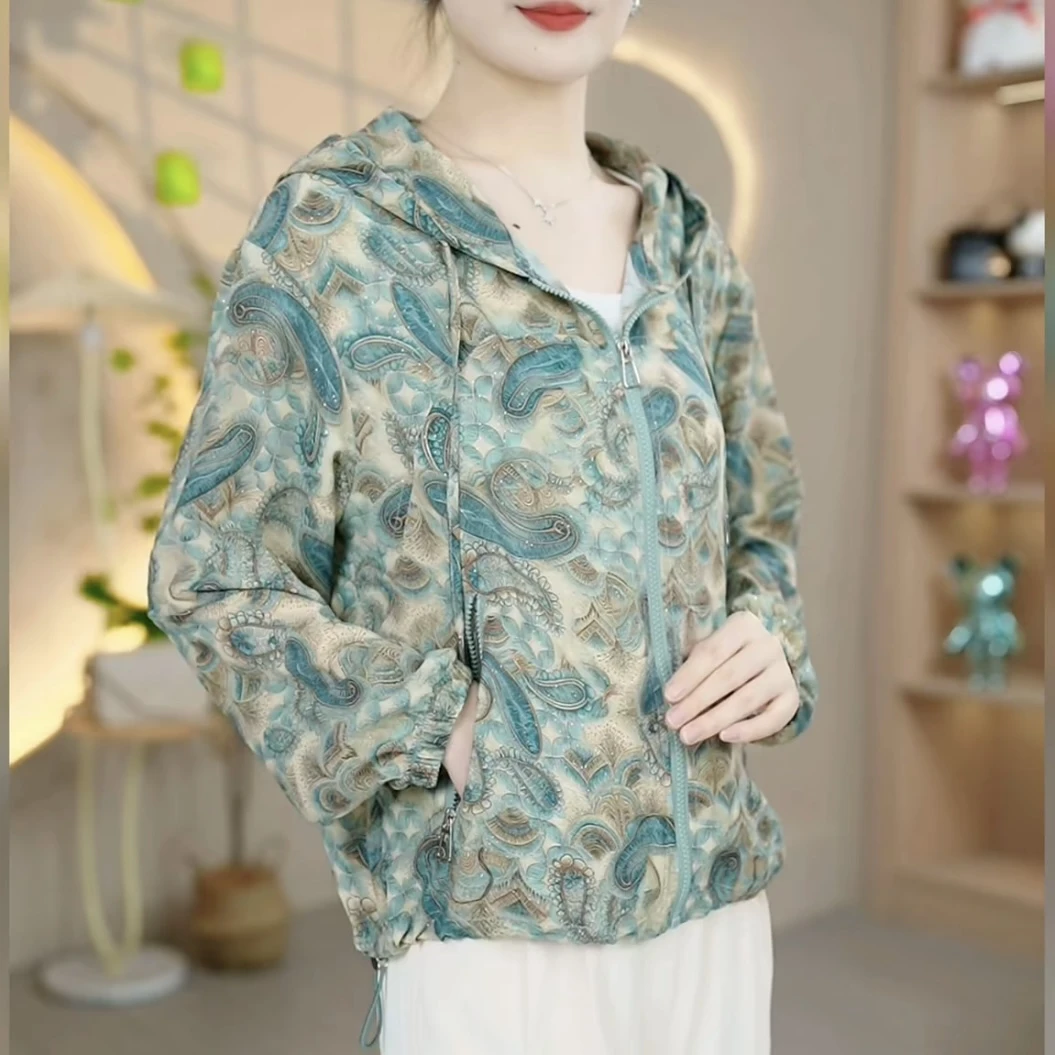 夏季新款时尚洋气休闲百搭宽松减龄印花连帽时尚防晒外套妈妈装女