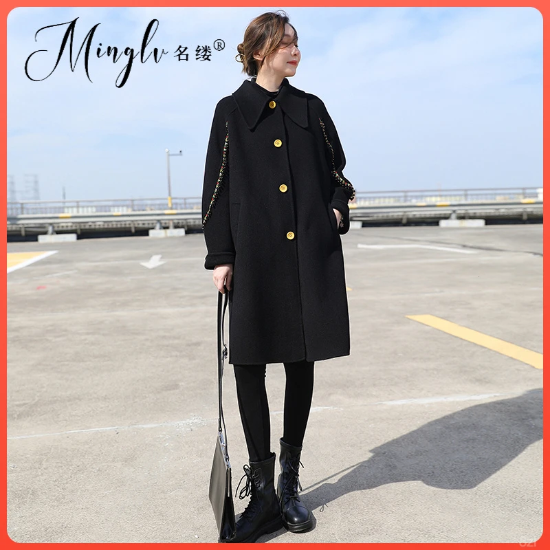 高级感优雅双面呢大衣时尚黑色绣花刺冬季外套新中长款复古风2025