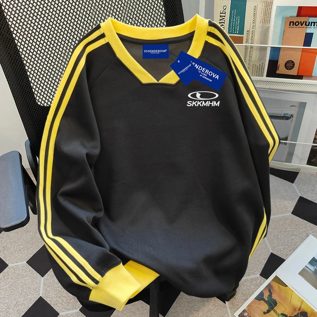 美式复古宽松显瘦爆款通勤拼接V领卫衣女秋冬季加绒加厚上衣ins风