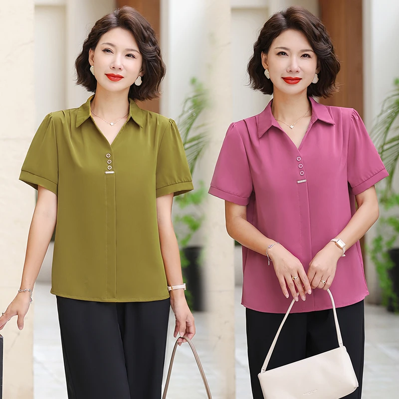 妈妈夏装小衫2025新款洋气上衣服时尚套装中老年女新宽松翻领T恤