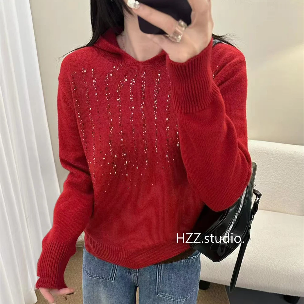 【彩钻满天星】新年本命年红色连帽毛衣女秋冬内搭宽松慵懒针织帽衫