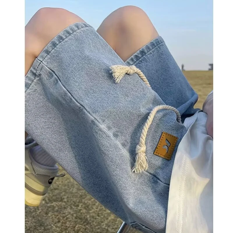 复古水洗牛仔短裤男夏季潮牌嘻哈宽松五分裤多口袋松紧腰工装中裤