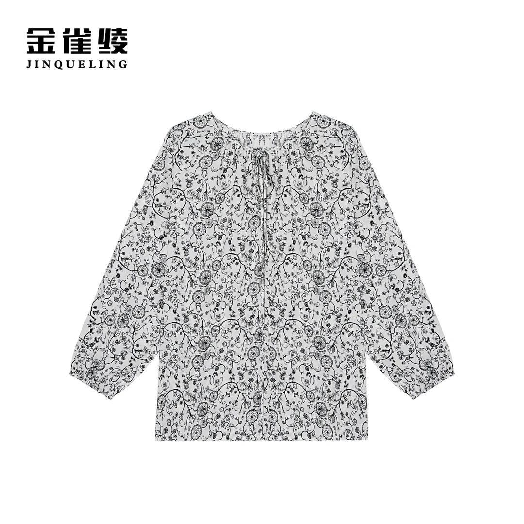 金雀绫【花枝绕】原创设计款满印时尚休闲针织工艺衬衫SZ1S05