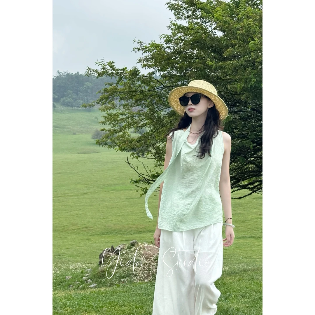 YIDA【云裳旅人】夏日荡领绑带背心上衣