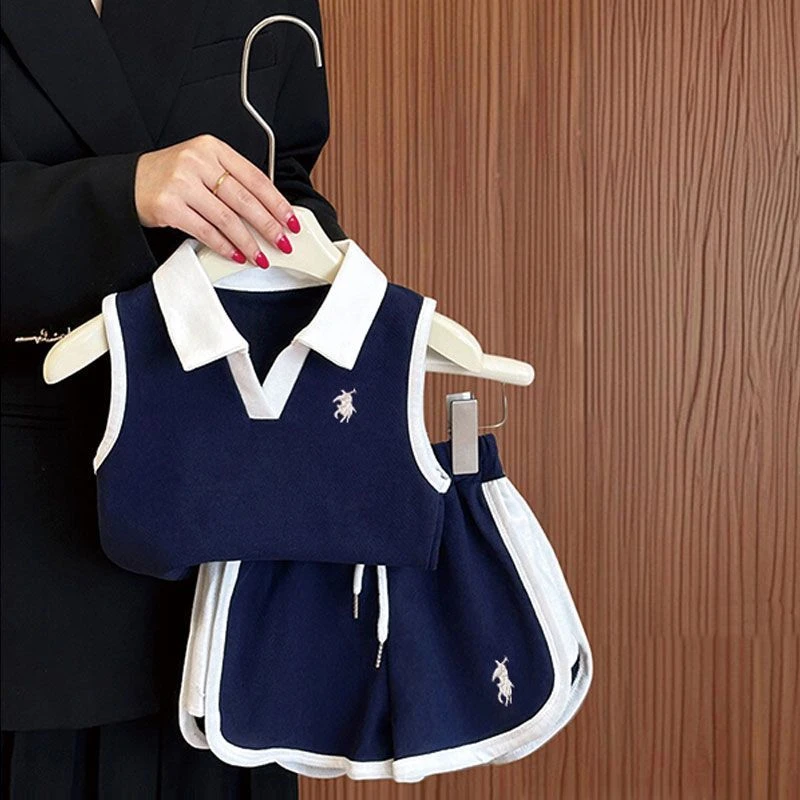 女童夏季POLO套装洋气小宝宝刺绣背心短裤儿童时尚夏装运动两件套