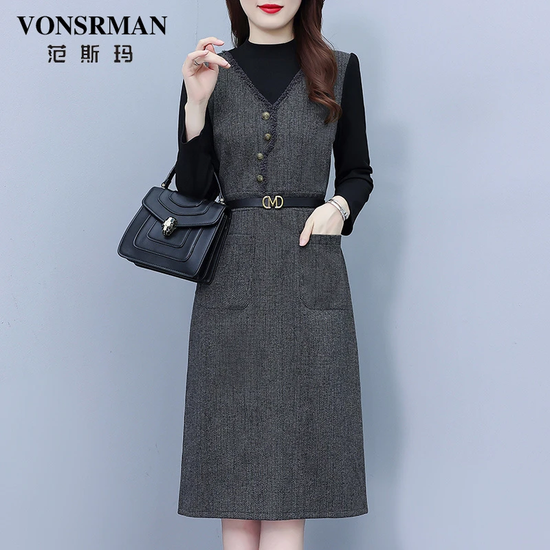 VONSRMAN假两件连衣裙女2025新款秋季时尚减龄气质收腰显瘦中长裙