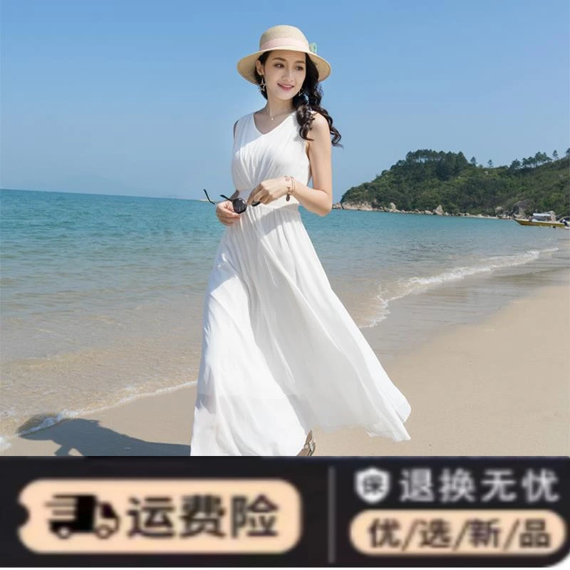 2023夏女沙滩裙海边旅游度假三亚雪纺长裙v领显瘦无袖白色连衣裙