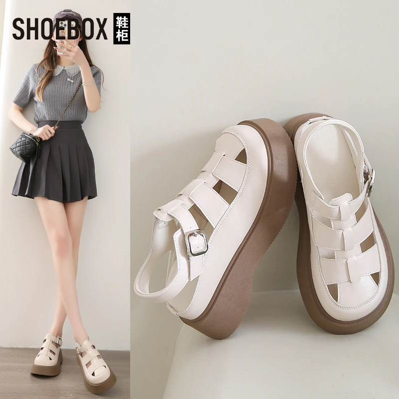 SHOEBOX鞋柜厚底罗马凉鞋女夏季软底透气休闲包头猪笼鞋镂空鞋