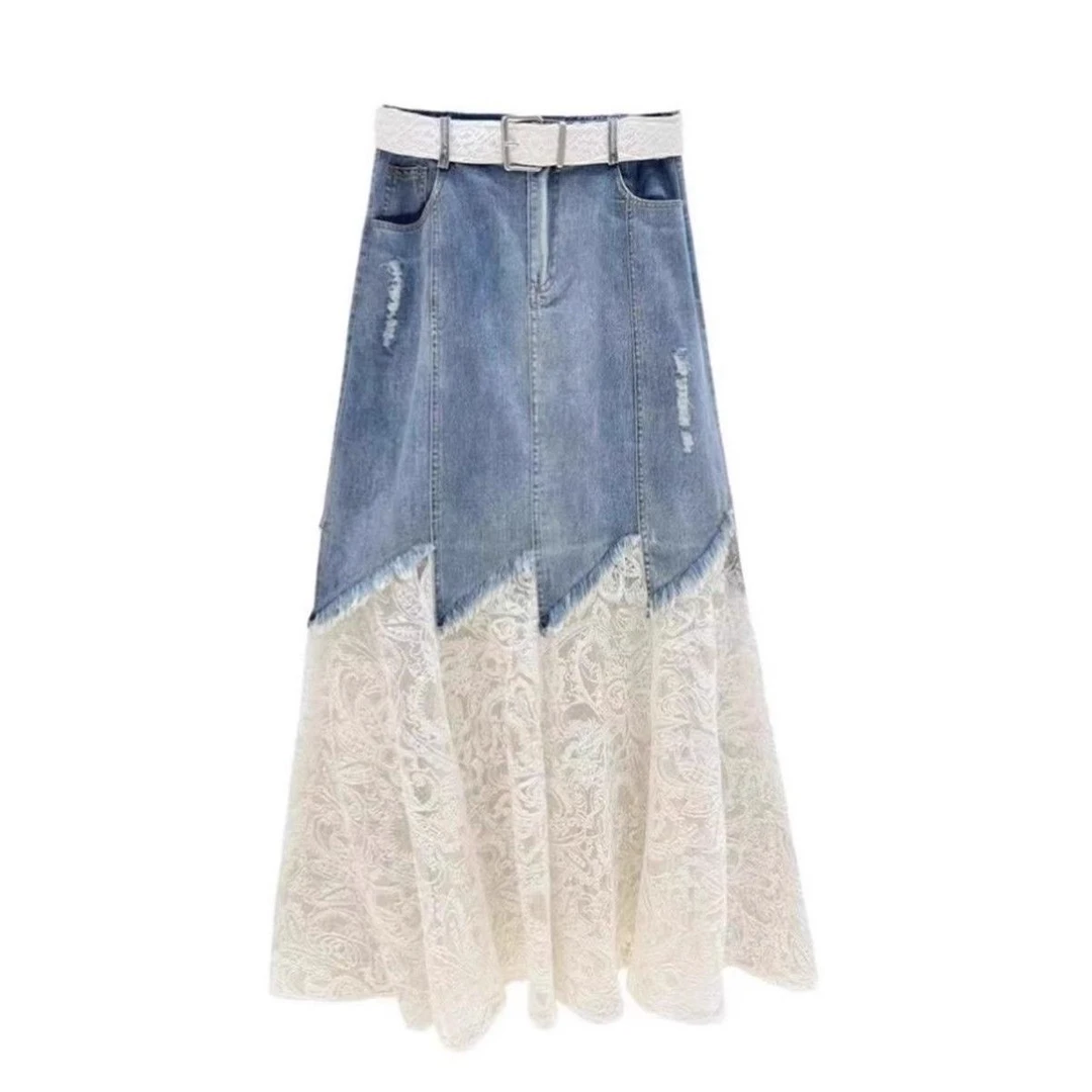 时尚设计感蕾丝拼接牛仔半身裙女夏季韩系流行不规则A字包臀长裙