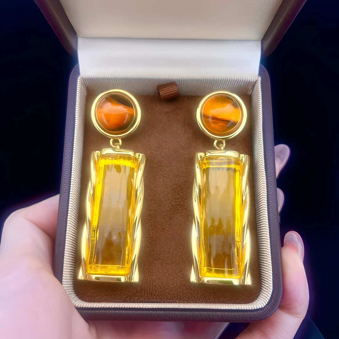 铜合金琉璃耳饰 重工复古美拉德时尚黄色琉璃耳饰耳环气质轻奢