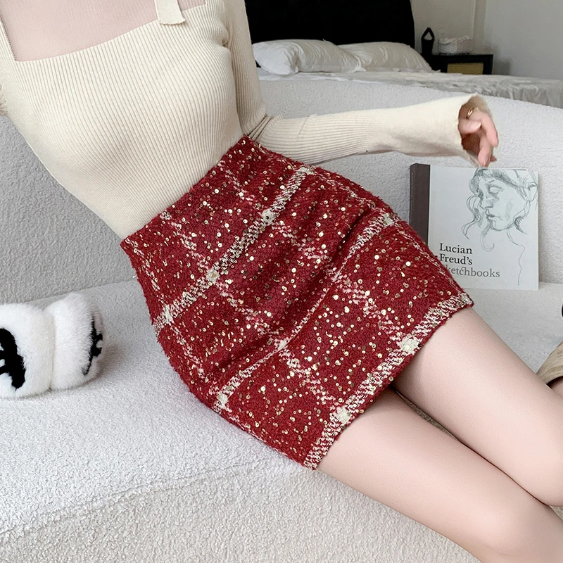 实拍2024秋冬新款格子亮片毛呢设计感显瘦高腰包臀裙a字短裙