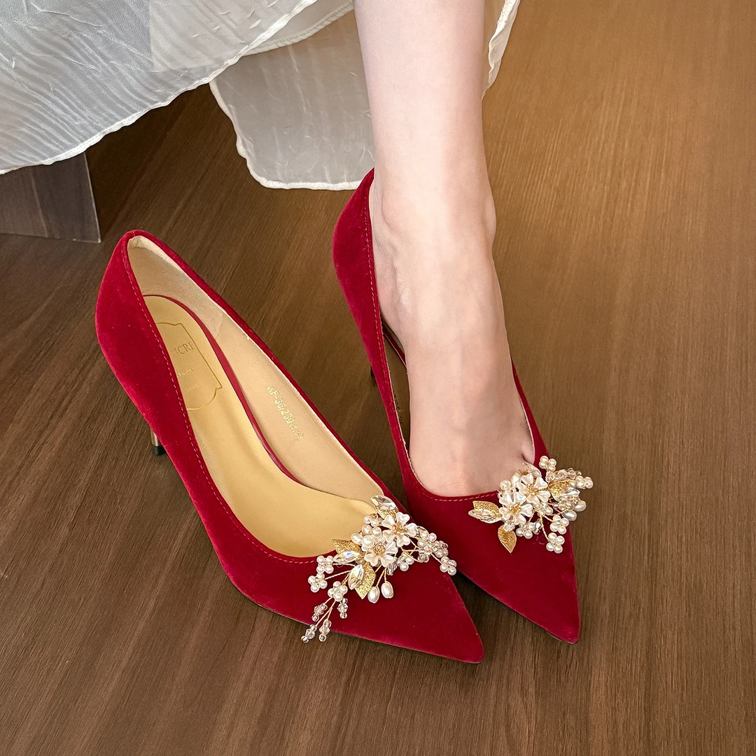 elingstudio 新中式！红色尖头花朵高跟鞋女春秋小众优雅婚鞋单鞋