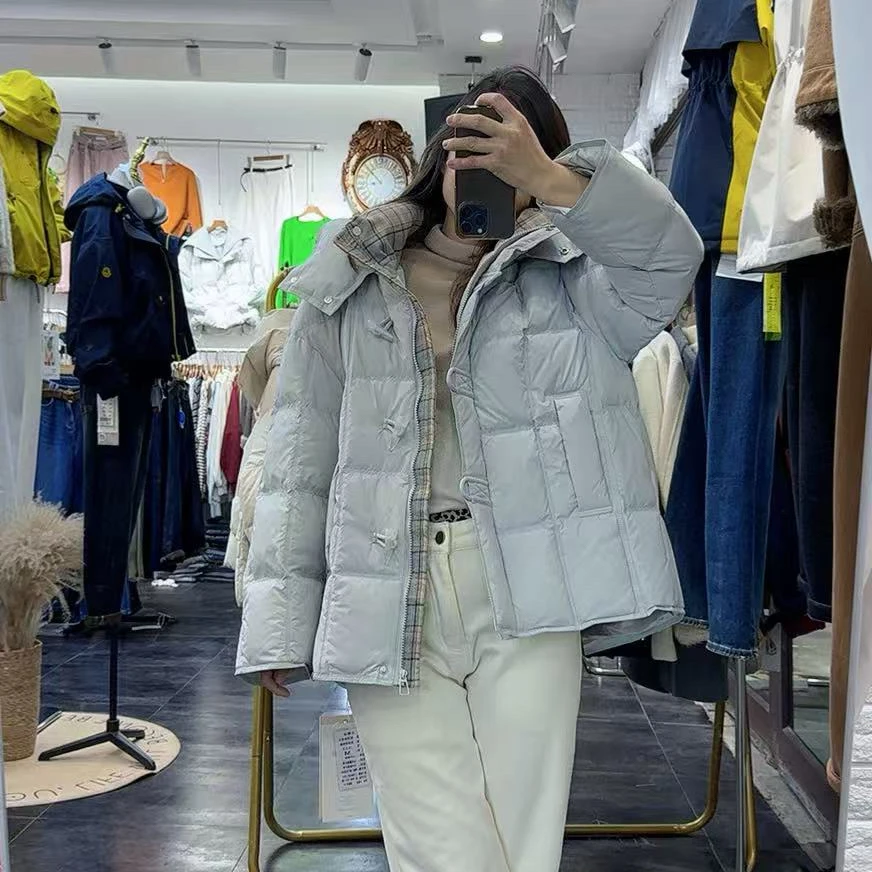 冬季新品中款加厚牛角扣设计感高级保暖鸭绒羽绒服棉袄棉衣棉服女