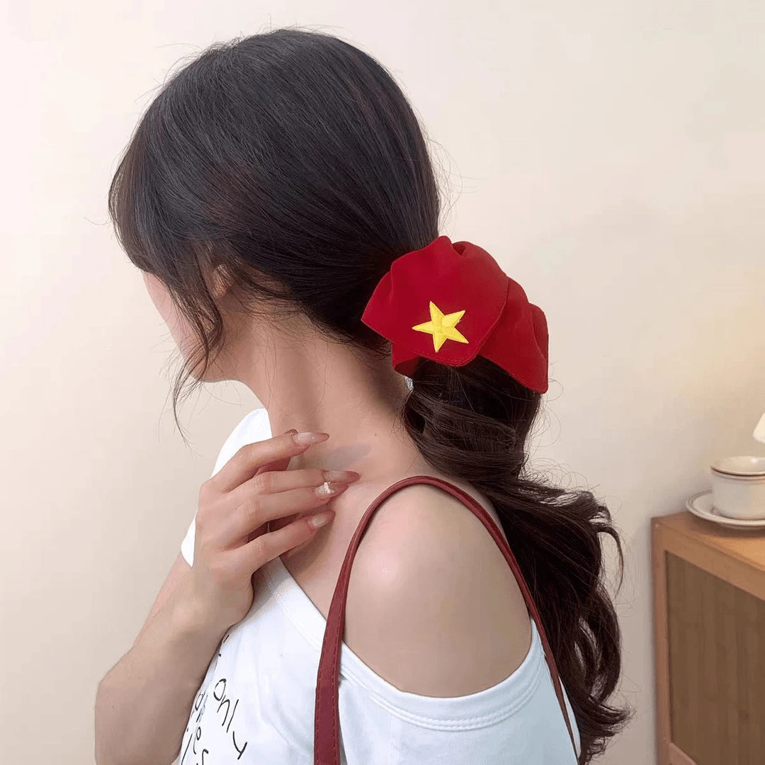 国庆五角星方巾大肠发圈女国风红色扎头发绳百搭日常马尾头绳发饰
