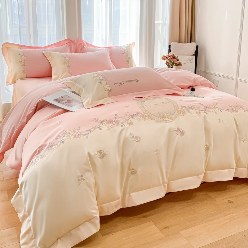 公主风花卉刺绣四件套轻奢少女心被套床单笠亲肤床上用品