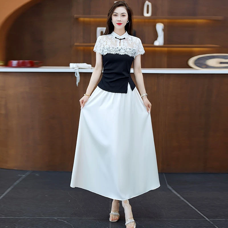 新中式国风套装女2025夏季气质显瘦设计感蕾丝拼接上衣百搭半身裙