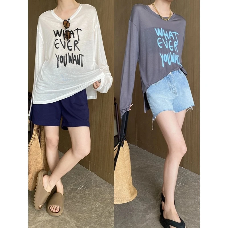 随性风凉感天丝微透字母印花宽松长袖T恤薄款夏季女款百搭时尚