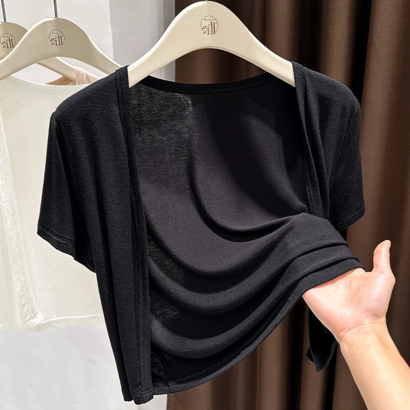 高级感黑色软糯弹力皮肤透气短袖开衫2025夏季新款品质简约外搭女