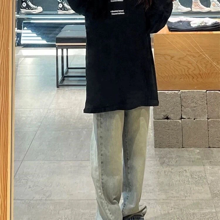 198美式长裤宽松牛仔裤印花春秋秋季嘻哈立体剪裁水洗