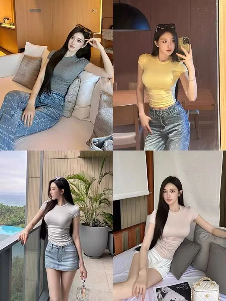 2025春夏女正肩短袖圆领T恤新款修身显瘦纯色韩版百搭时尚简约t恤