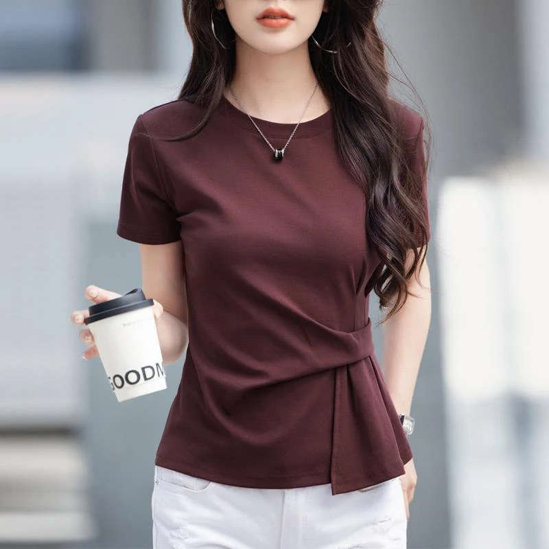 短款正肩短袖T恤女夏季今年新款设计感褶皱收腰百搭法式显瘦上衣