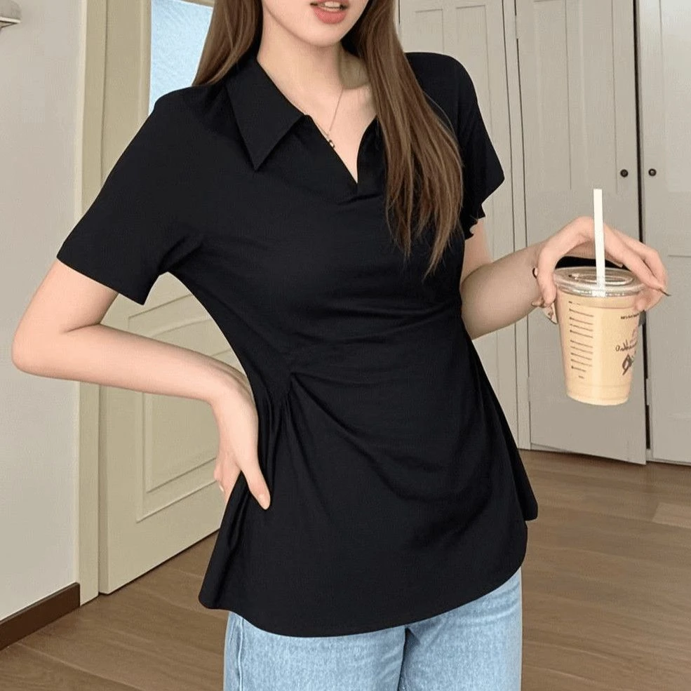 2025新款胖MM时尚翻领T恤韩版设计感遮肚子洋气显瘦上衣【XYTZ】