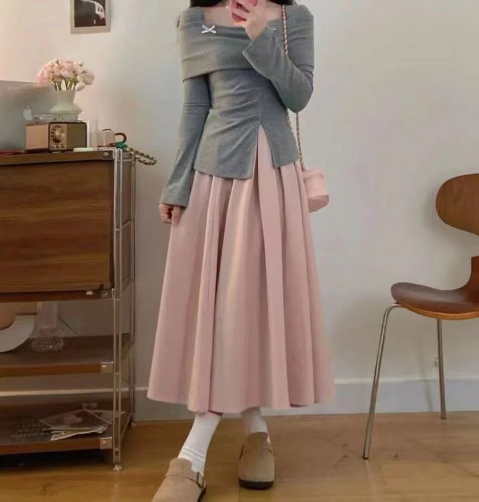 韩系灰色一字肩长袖T恤2025春季大码女装修身显瘦打底衫套装