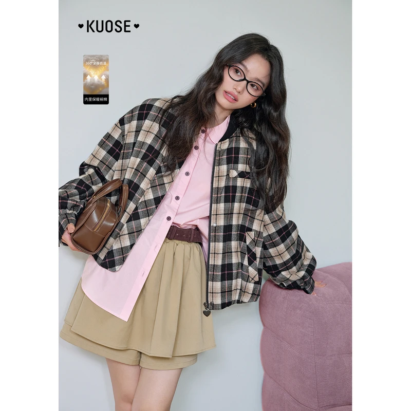 阔色休闲棒球领格子外套2025秋冬小个子新款女宽松上衣KSS2509003