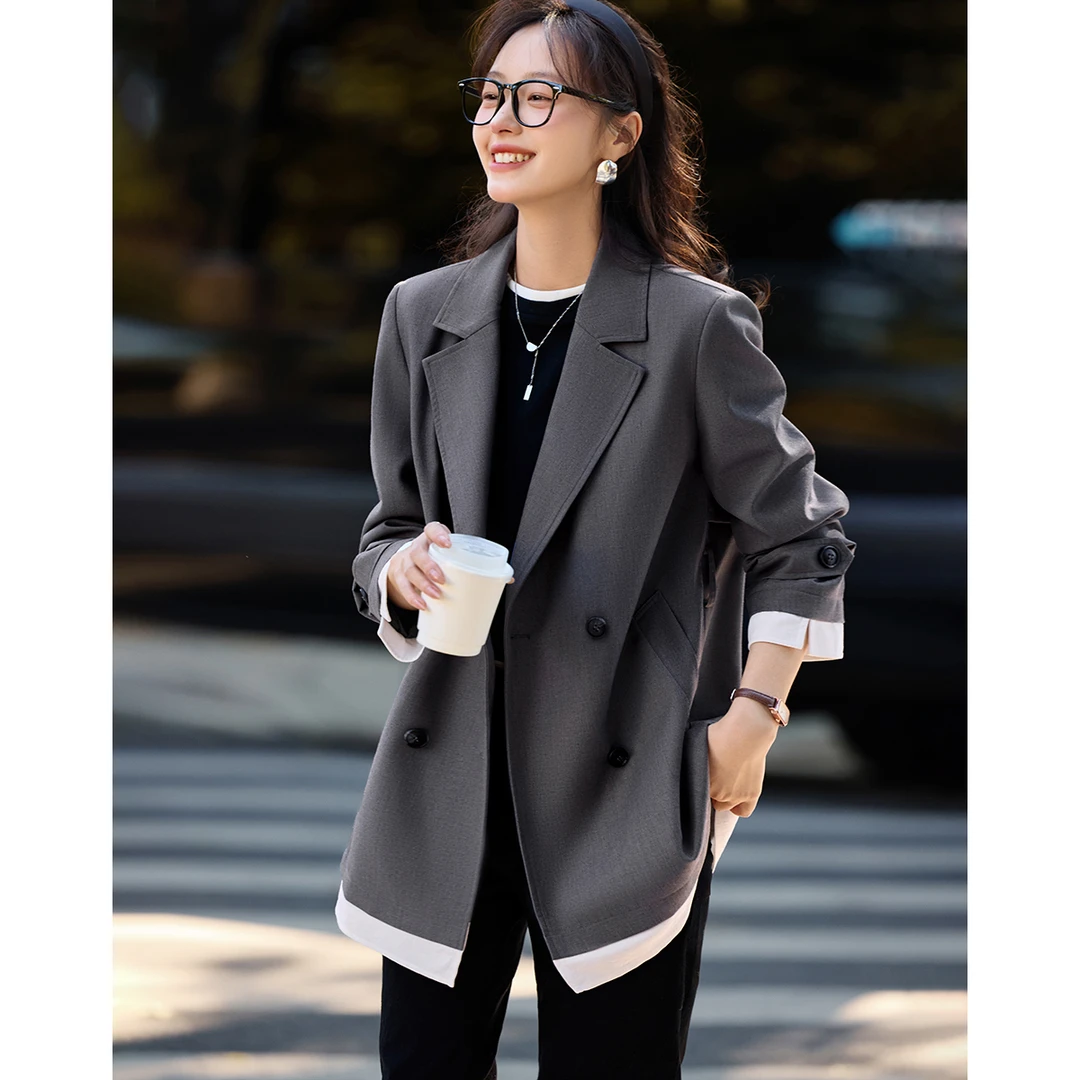 沫晗依美【直播】中长款风衣外套2025秋季时尚通勤休闲灰色风衣外套