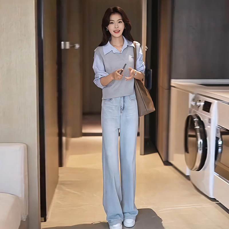 小众炸街高级感女装两件套夏季女长袖拼接假两件上衣搭配长款裤子