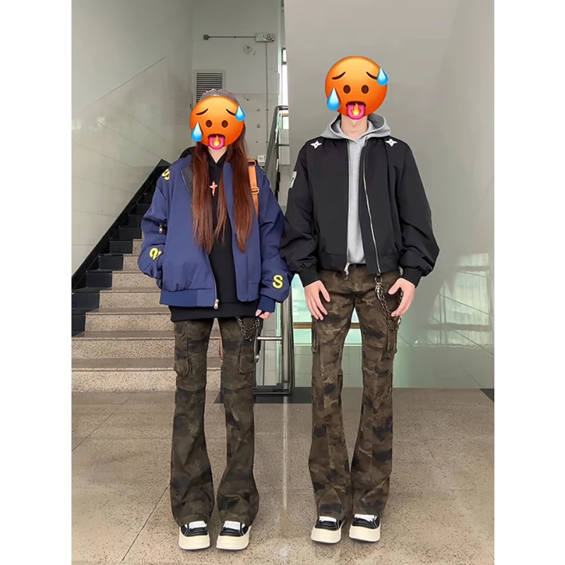 美式高街修身显瘦牛仔裤男款春秋季多口袋迷彩工装裤直筒微喇裤子