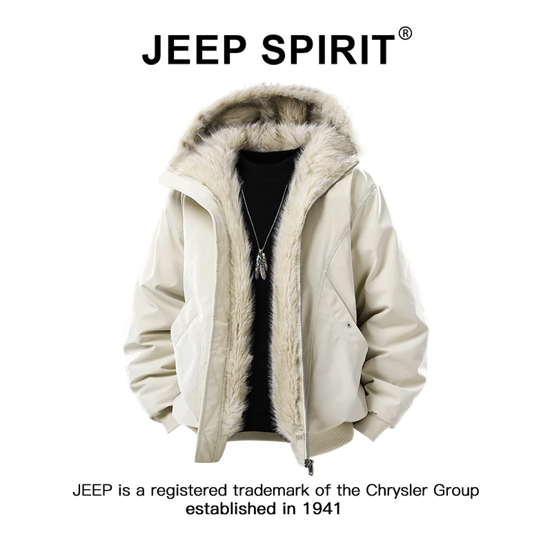 JEEPSPIRIT吉普美式座山雕连帽毛领外套男士冬季休闲加厚保暖棉服