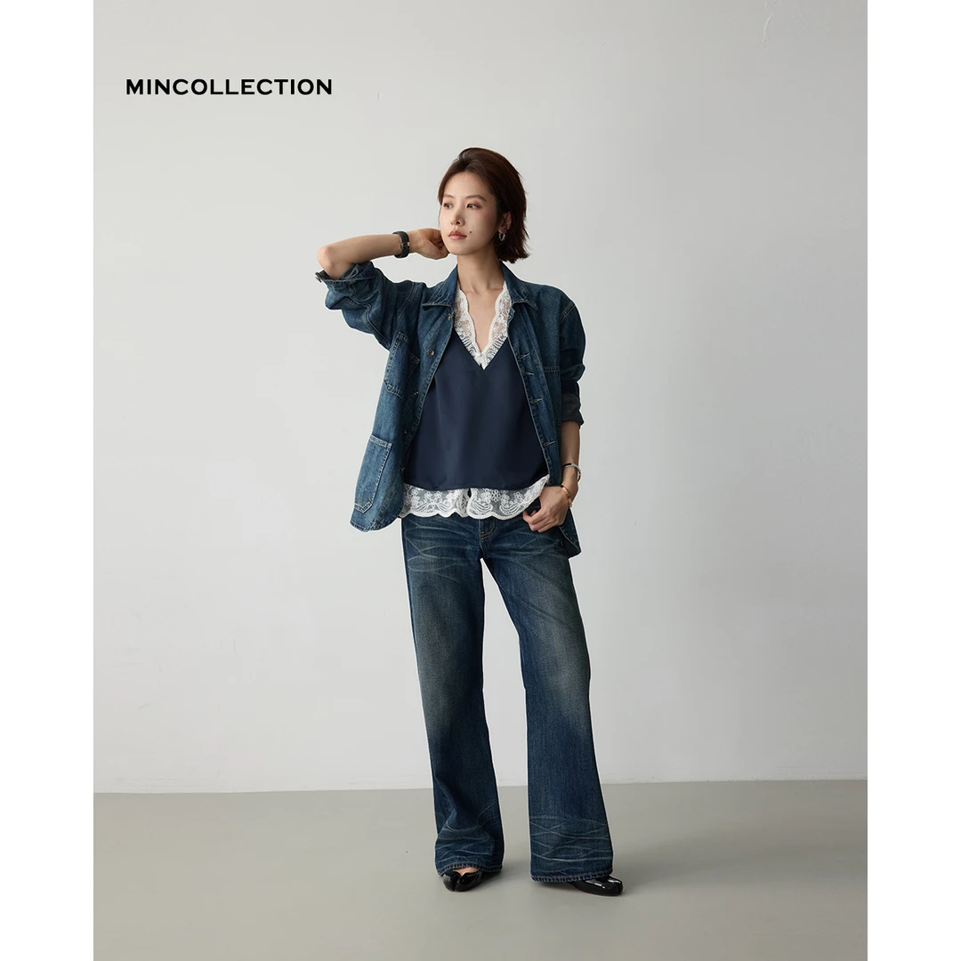 DE Mincollection水波纹牛仔/复古水洗蓝白扎花纹做旧牛仔裤40373