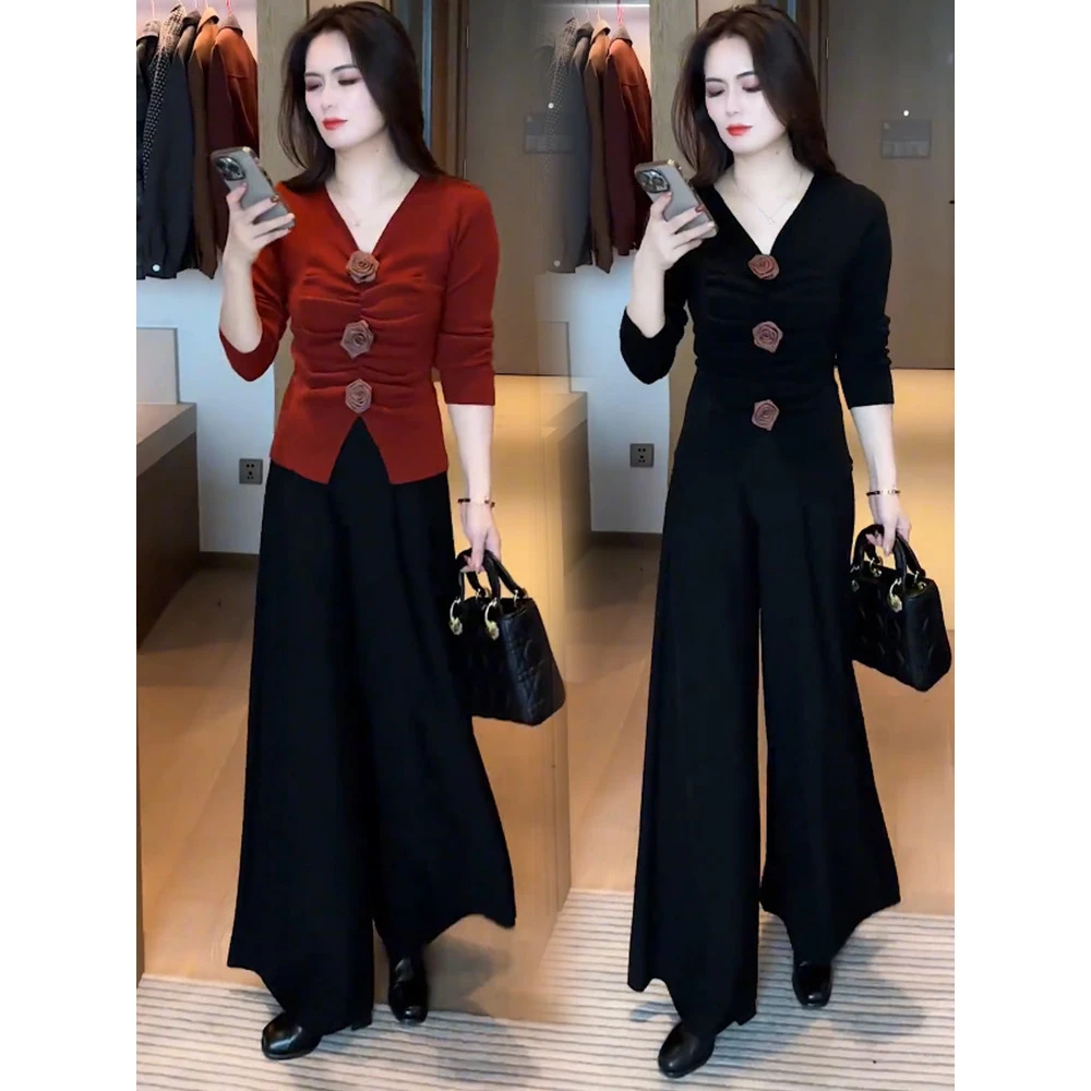 新款洋气显瘦休闲百搭气质通勤打底衫长袖针织阔腿裤两件套