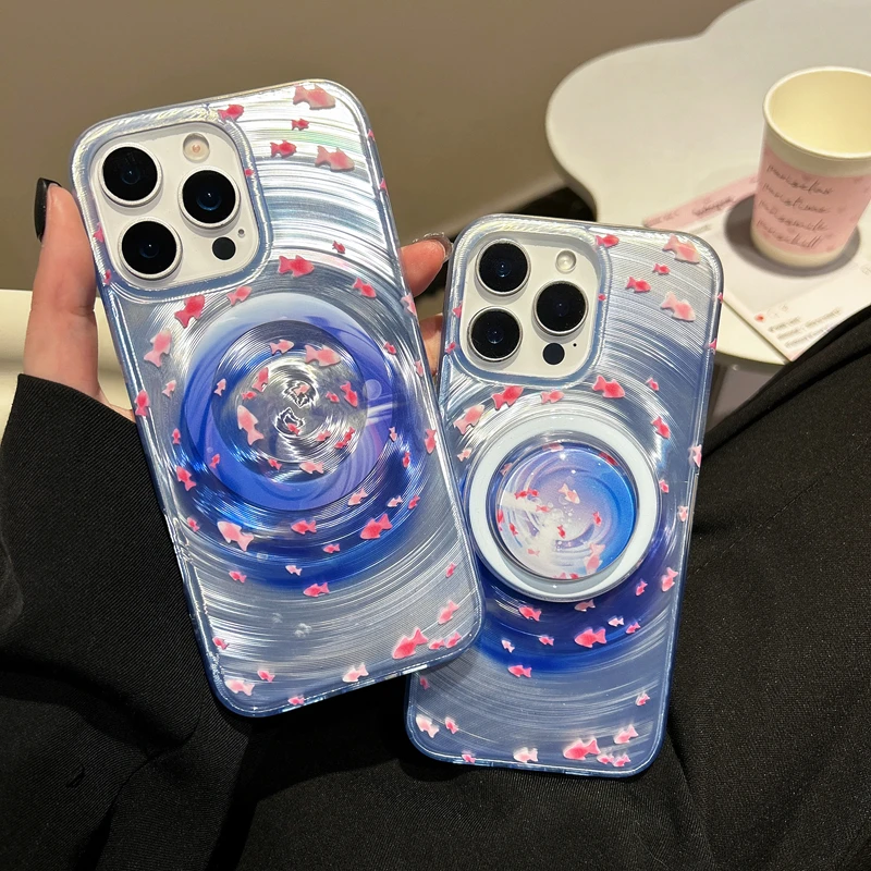 晕染蓝小鱼适用iphone16手机壳支架苹果华为小米磁吸款手机壳